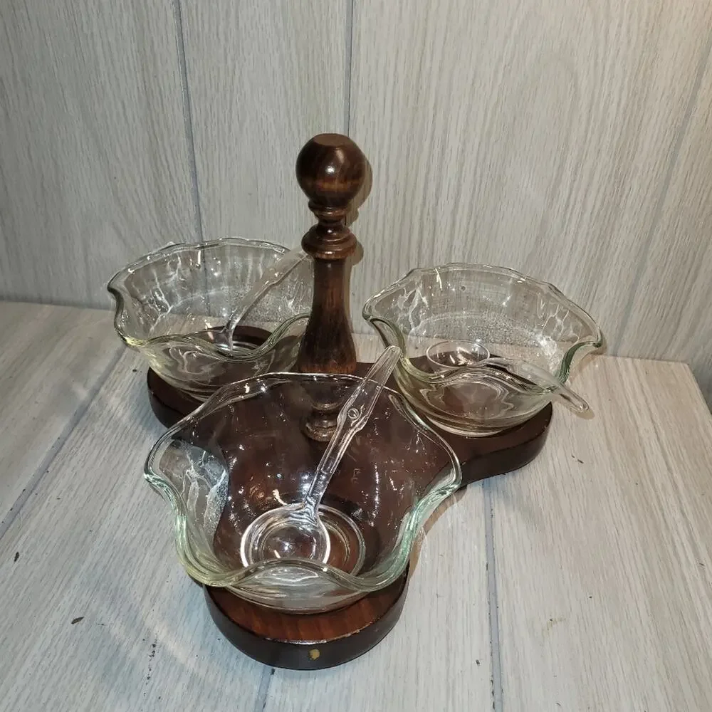 Vtg 70s Handcrafted Cornwall Wood/Glass Condiment Tray Serving Dish Hostess